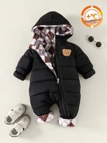 SHEIN Playful Pals 男嬰秋冬保暖菱格紋絎縫連帽拉鍊保暖內裡加厚連身衣，舒適戶外穿搭 - 黑色 - 查看 3