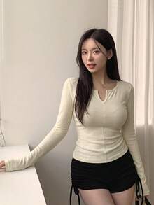 DAZY Women's Fitted Semi-Sheer Cutout V-Neck T-Shirt Fall - Beige - View 5