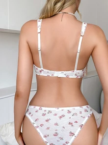 PetitDoll Women's Sweet Floral Ribbed Lingerie Set 2pcs, Soft Cup Bra With Bow Decoration - Multicolor - View 2