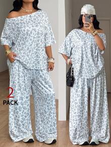 Coolane Plus Size Leopard Print One Shoulder T-Shirt And Drawstring Waist Loose Pants 2-Piece Set - Baby Blue - View 1