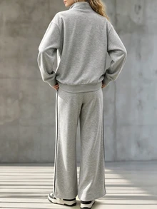SHEIN LUNE Setelan Olahraga Kasual Longgar Kerah Tegak Terbaru untuk Wanita, Cocok untuk Sehari-hari, Bepergian, dan Berolahraga - Grey - View 2