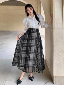 DAZY Women's Plaid Loose A-Line Casual Skirt Vacation - Black - View 3