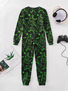 Boys' Game Console Neon Colorful Pattern Front Zipper Long Sleeve Long Jumpsuit Snug Fit Loungewear - Multicolor - View 2