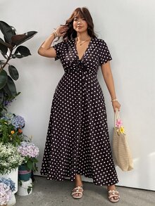 GalTyme 大尺碼女款 V 領波點休閒派對洋裝 - 棕色 - 查看 7