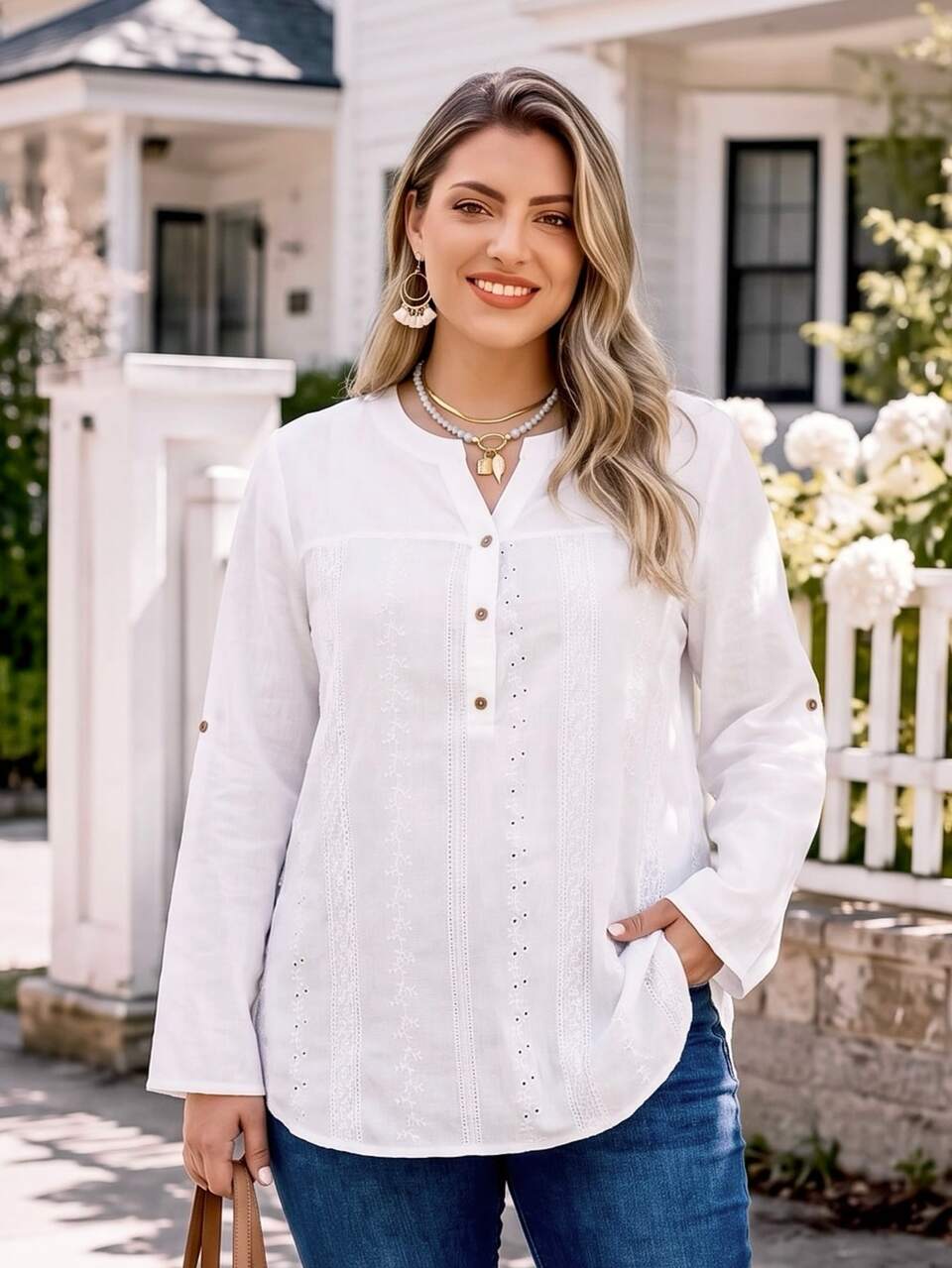 Plus Size Women's Autumn/Winter Casual Vacation Country Solid White Long Sleeve Button-Up Embroidered Patchwork Blouse Shirt Top,Fall,Going Out