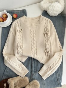 SHEIN 新款時尚百搭可愛蝴蝶結女童套頭毛衣 - 米色 - 查看 3