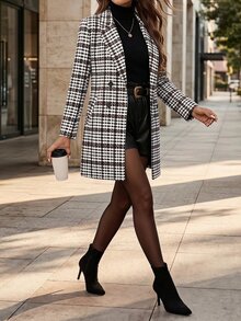 Editum Women's Houndstooth Casual Daily Overcoat - Coffee Brown - View 4