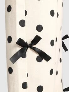 SHEIN Girls Cream White Polka Dot Black Bow Decor Wide Leg Pants, Loose Straight Leg, 100% Cotton Denim Jeans, Flattering Snug Fit Fit, Casual Versatile For Daily School, Outings, Vacation, Korean Style, Blogger Inspired Ins Style - Multicolor - View 6