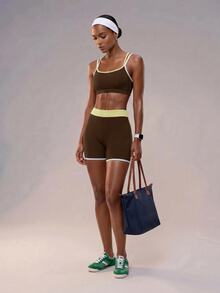 Zivah Women's Contrast Trim Cropped Camisole Tank Top & Shorts Sportswear Set Gym Workout Activewear Outfit For Autumn - Brown - View 10