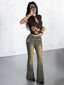 Jeanoix 女款休閒水洗低腰喇叭牛仔褲 - 藍色 - 查看 2