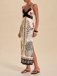Travachic Elegant Floral Print Lace Patchwork Spaghetti Strap Dress - Multicolor - View 4