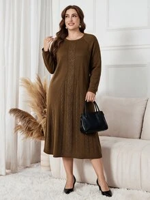 Lacomfia Plus Size Vintage Lace Fashion Long Sleeve Sweater Dress For Vacation - Brown - View 3