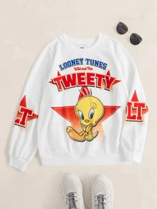 LOONEY TUNES X SHEIN Tween Boy Crew Neck Long Sleeve Casual Loose Sweatshirt - White - View 1
