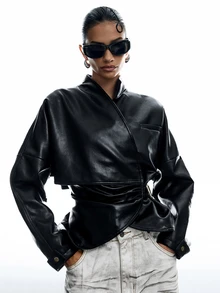 LYSMO Women's Autumn/Winter New Solid Color PU Leather Long Sleeve Pleated Fashion Jacket - Black - View 6