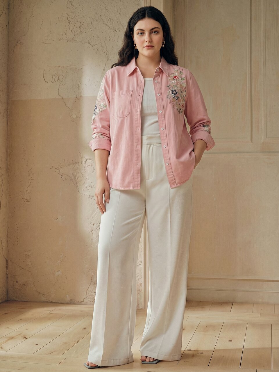 Women's Plus Size New Fashion Exquisite Heavy Embroidery Pink Denim Top