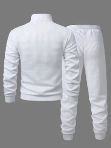 Manfinity Homme Men's Knitted Jacquard Solid Color Textured White Zipper Leather Patch Cuff Hem Leg Opening White Ribbed Pullover Sweatshirt Set - White - View 4