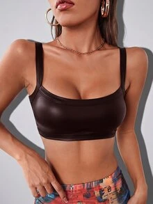SHEIN ICON 女款性感短版梭織純色細肩帶背心 - 棕色 - 查看 1