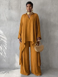 BamGlimmer Women's Solid Color Batwing Sleeve Asymmetric Hem Shirt And Pants Casual 2 Pieces Set - Yellow - View 5