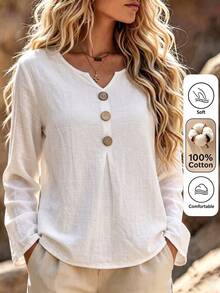 Breezaya Women's Solid Color Casual Versatile Daily Wear Long Sleeve Top - White - View 1