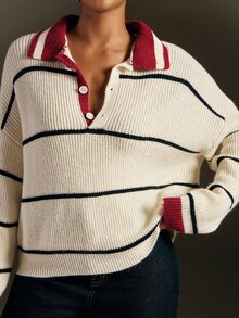 Hauture Sweater Rajut Bergaris Kerah Polo Gaya Retro Amerika untuk Wanita, Atasan Pullover Lengan Panjang Longgar dan Santai untuk Perjalanan Sehari-hari - Red and White - View 6