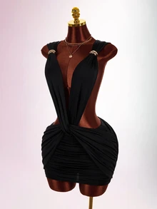Amplova Women's Twisted Backless Mini Dress Suitable For Banquet And Party - Black - View 4