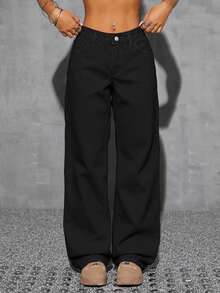 SHEIN ICON 牛仔女郎套裝 大尺碼女款秋季豹紋無彈力直筒長褲 女士秋季穿搭 - 黑色 - 查看 3