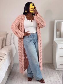 Slaydiva Cardigan Rajut Wanita Ukuran Besar, Mantel Panjang Rajut Kabel Berongga Warna Nude, Mantel Duster Depan Terbuka untuk Musim Gugur - Berwarna merah muda - View 10