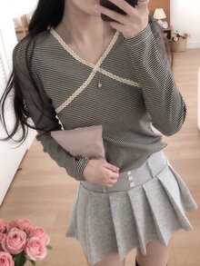 DAZY Women's V-Neck Striped Long Sleeve T-Shirt Fall - Grey - View 6