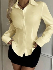 SHEIN EZwear 女款休閒收腰長袖鈕扣襯衫，適合秋冬穿著 - 鵝黃色 - 查看 3
