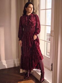 MOTF PREMIUM PLUS AUTUMN/WINTER ROMANTIC VELVET JACQUARD LONG SLEEVE DRESS - Burgundy - View 6