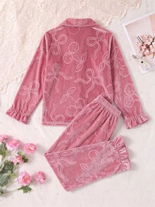 女童天鵝絨荷葉袖長袖褲子附口袋刺繡 2件套 春秋款 - 粉色 - 查看 2
