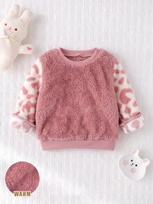 SHEIN Baby Girl Winter Warm Cow Print Patchwork Sweatshirt - Pink - View 8