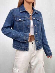 SHEIN EZwear 女款長袖單排扣休閒牛仔夾克 - 深色水洗藍 - 查看 2