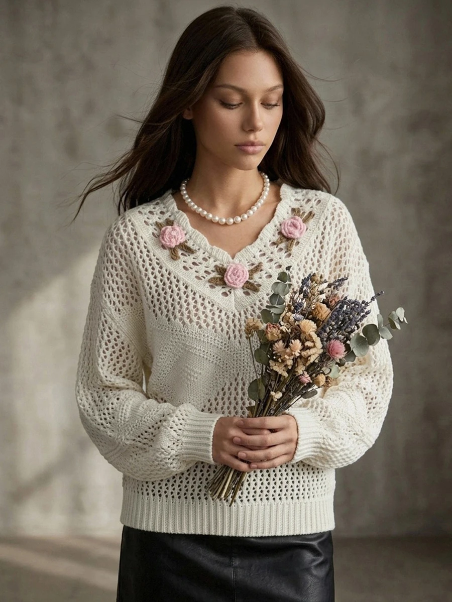Livesso Women's Hollow Knit 3D Floral Decor Sweater Autumn Brunch Floral Off-White Fairycore Cottagecore Romantic Cottagecore Whimsical - Beige - View 1