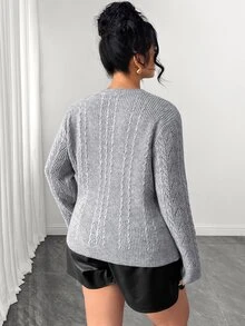 Elenzga Hollow Cable Round Neck Double Bow Front Cutout Slim Fit Long Sleeve Sweater - Grey - View 2