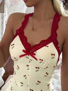 CottageSlumber Contrast Color Lace Trim Sweet Cherry Print Sexy Comfortable Home Sleepwear Jumpsuit - Multicolor - View 6