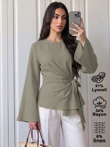 Elenzga 女款素色百褶休閒百搭日常穿著襯衫 - 綠色 - 查看 5