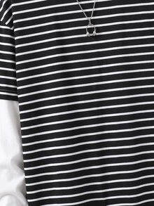 SHEIN 青少年男孩休閒舒適百搭條紋拼接袖長袖上衣 - 黑與白 - 查看 5