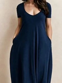 Trelyra Plus Size Women Solid Color Casual Party & Travel Dress - Navy Blue - View 3