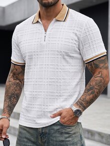 Manfinity CasualCool 男士夏季休閒拼接色短袖 Polo 衫 - 白色 - 查看 4