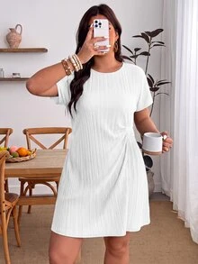Enliva Plus Size Women Textured Fabric Round Neck Short Sleeve Shirt Dress, White Dress, Suitable For Spring/Summer Wear, St. Patrick's Day Special - White - View 7