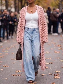 Slaydiva Cardigan Rajut Wanita Ukuran Besar, Mantel Panjang Rajut Kabel Berongga Warna Nude, Mantel Duster Depan Terbuka untuk Musim Gugur - Berwarna merah muda - View 11