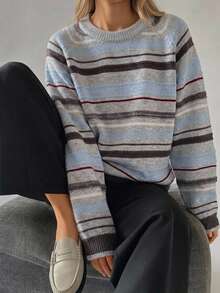 Livesso Women's Autumn/Winter Casual Colorblock Striped Sweater - Grey - View 3
