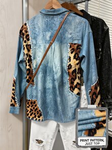Franclia Women's Leopard Print Patchwork Denim Effect Print Shirt - Multicolor - View 2