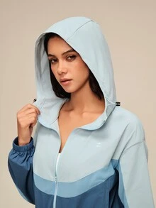 OutZeal Women Sports Jacket Gym Workout Water-Resistant Mesh Panel Ruffled Hem Hooded Jacket - Blue - View 10