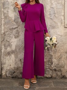 Ellevyn Women's Elegant Mature Commute Dinner Cocktail Party Night Dinner Party Solid Color Ruffle Trim Jumpsuit Wedding Magenta Autumn Wedding - Red Violet - View 7