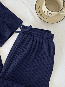 SHEIN Serisse Kids 女童青少年寬鬆休閒極簡舒適針織紋理圓領短袖T恤與長褲2件套，返校穿搭，日常穿著套裝，棕色針織套裝，兒童針織套裝 - 藏蓝色 - 查看 7