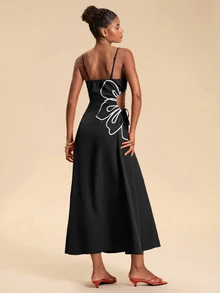 Travachic Floral Embroidered Side Tie Waist Cami Dress For Vacation - Black - View 2