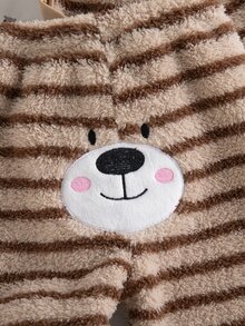 SHEIN 3件組男嬰棕色條紋熊刺繡連帽外套、白色印花連身衣、毛絨長褲套裝，可愛秋冬休閒親子套裝 - 彩色 - 查看 9