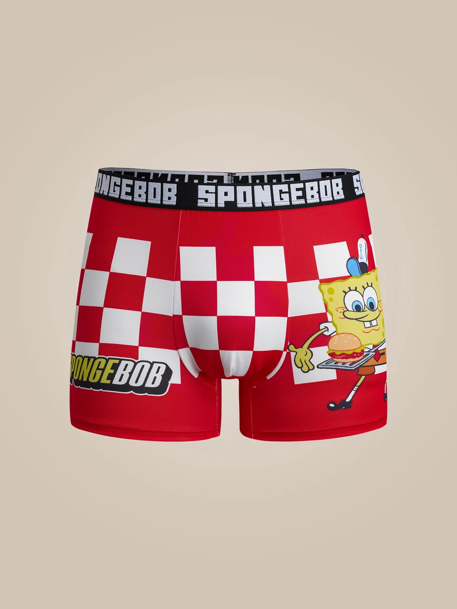 SpongeBob SquarePants | SHEIN Men's Letter & Cartoon Print Casual Daily Boxer Briefs - Red and White - View 1